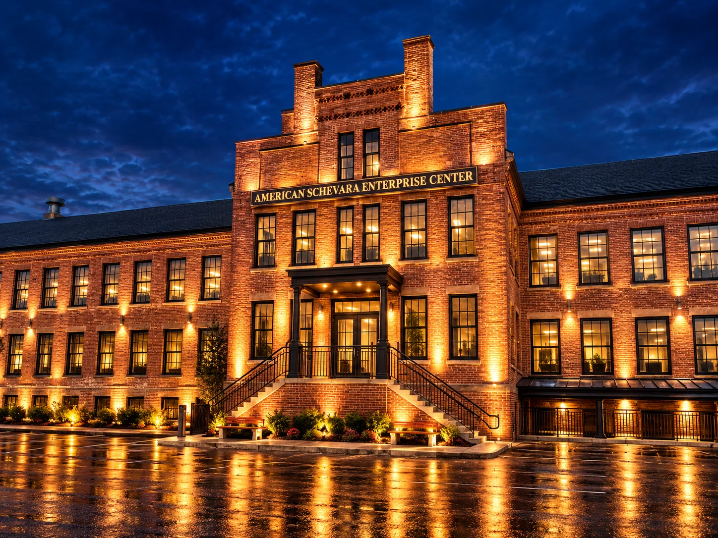 The historic brick American Shevach Enterprise Center illuminated at dusk