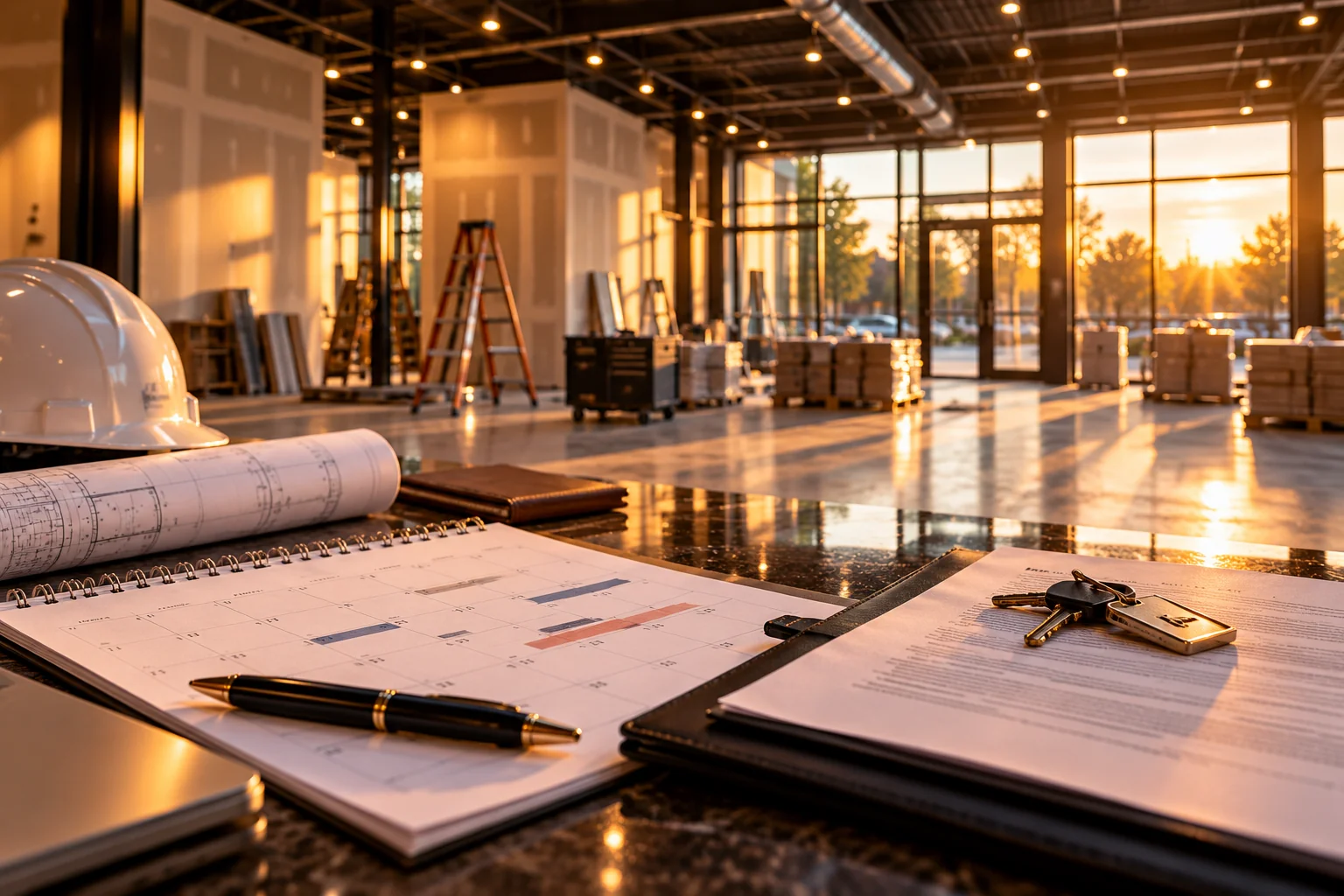 A project calendar, lease documents, and keys in a commercial space under construction