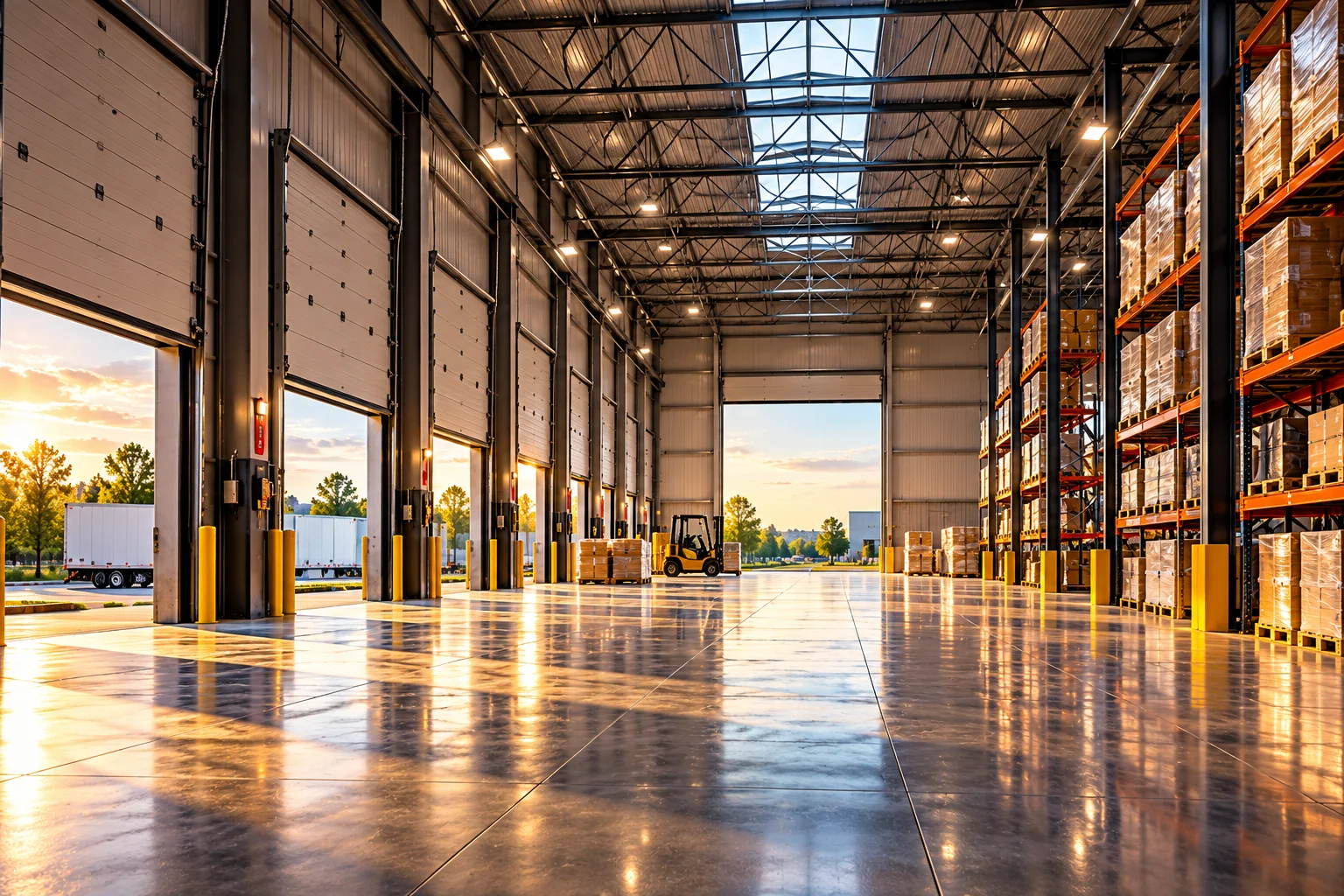 A warehouse interior with tall storage racks, loading doors, and a forklift