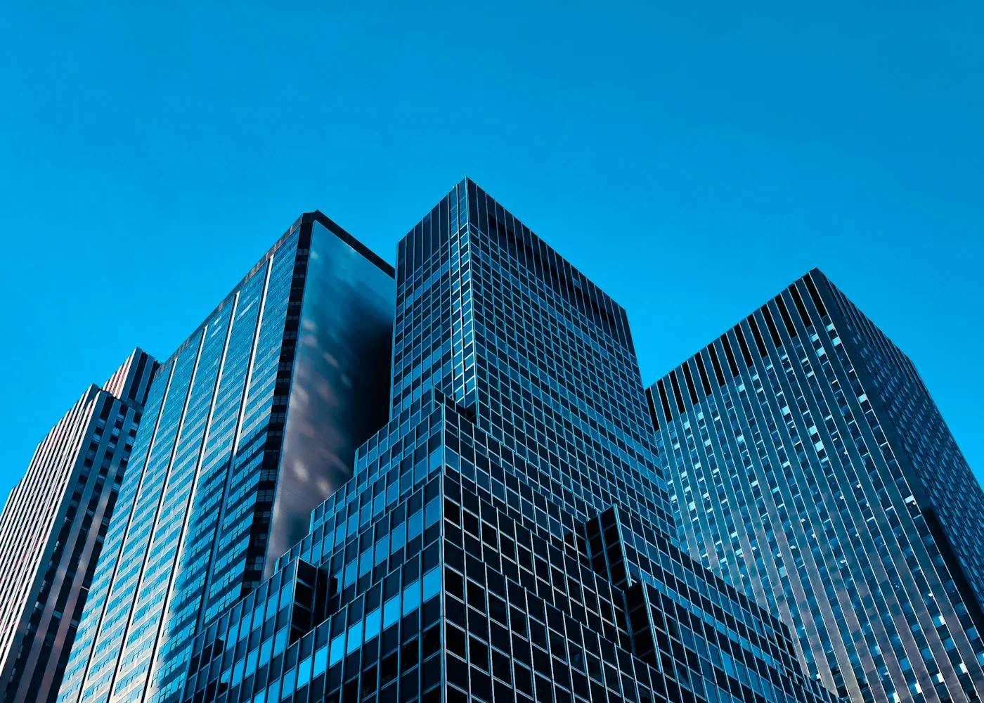 Commercial office towers viewed from street level